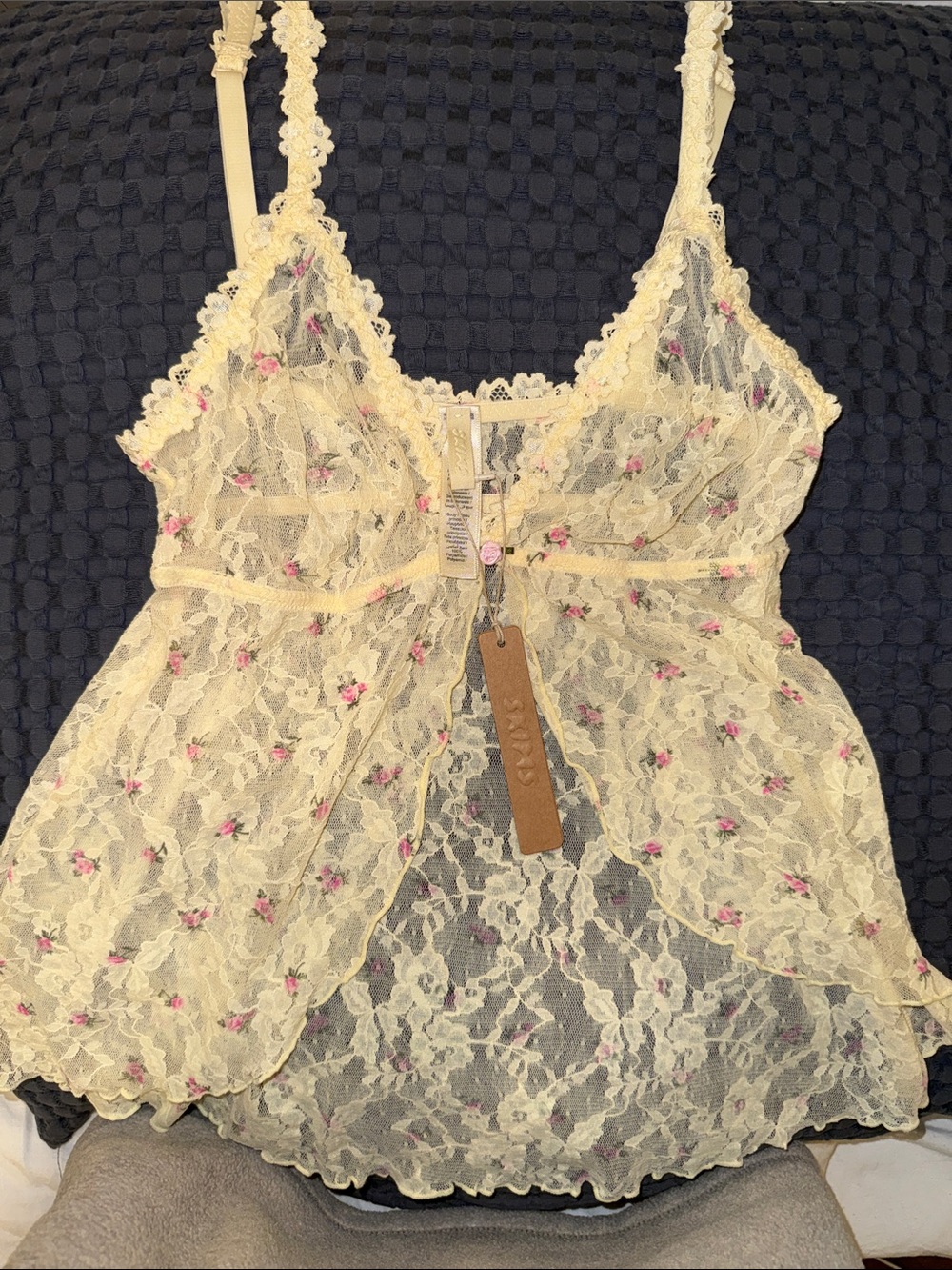 SKIMS Cream Lace Chemise with Pink Floral Embroidery